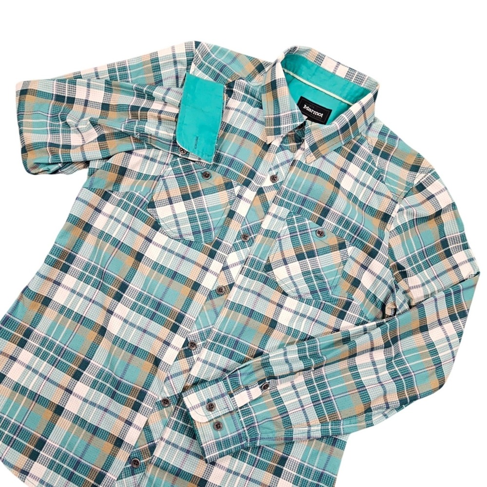 Marmot Womens Medium Plaid Hiking Shirt Teal Roll Tab Long Sleeve Outdoor Travel